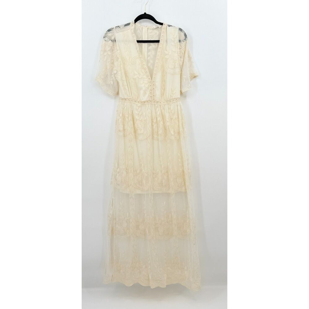 Bella Ella Ivory Lace Wedding Beach Dress Medium Sheer Low Cut Romantic Vow